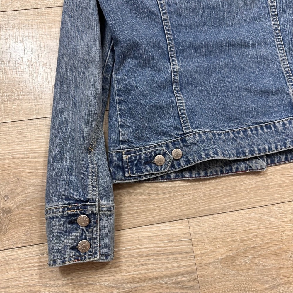 Vintage J.Crew‎ Blue Denim Trucker Jean Jacket Distressed Y2K Women's Medium - Picture 13 of 14